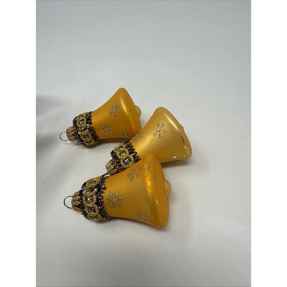 Vintage West Germany 3‎ Bells Stenciled Red Gold Glittered Blown Glass Ornaments